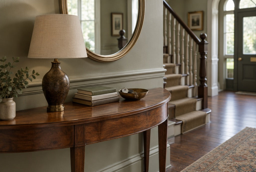 A curved solid wood console table under a round mirror with a table lamp, a stack of books and a bowl of keys in a Victorian entry hall