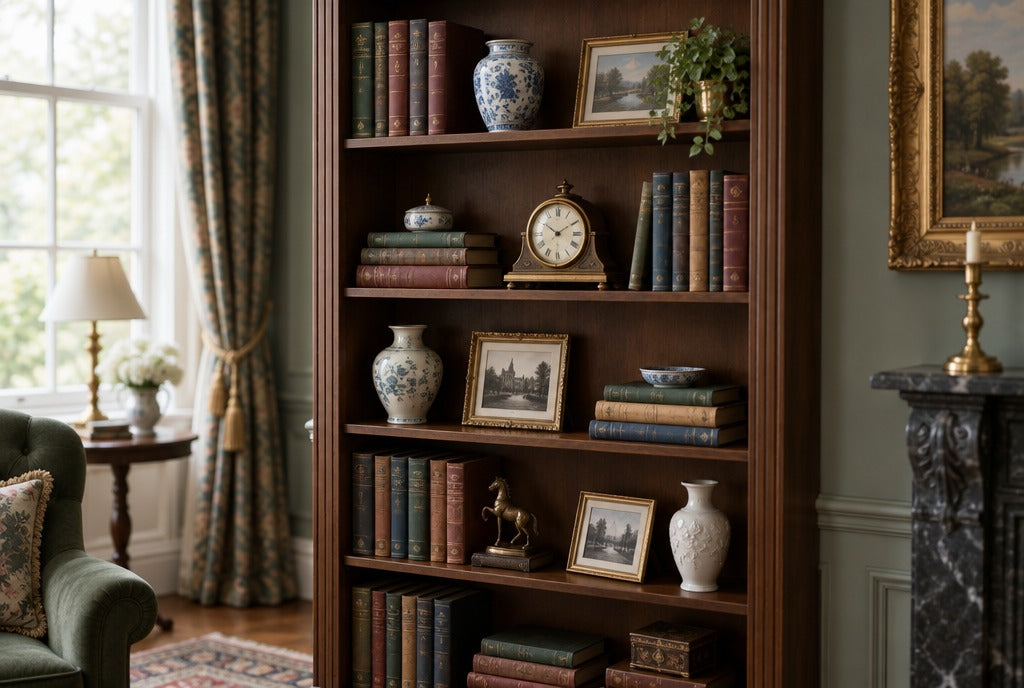 A tall solid wood bookshelf styled with stacked books, a brass mantel clock, ceramic vases and framed photos in a Victorian parlor