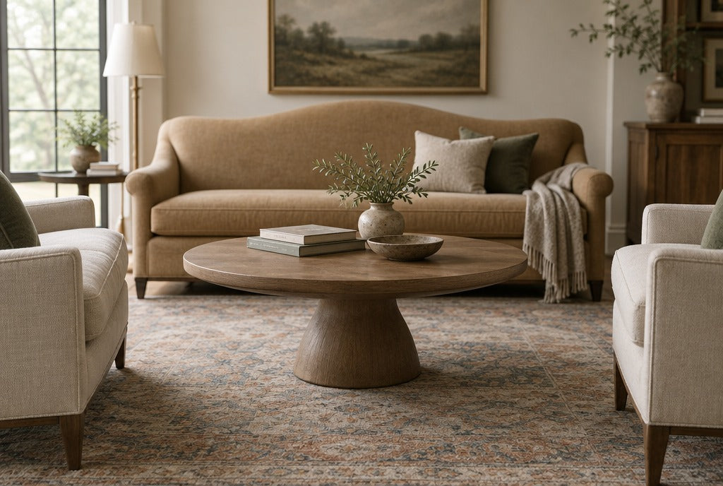 A round solid wood coffee table with a pedestal base on a faded Oriental-style rug between a camelback sofa and two armchairs