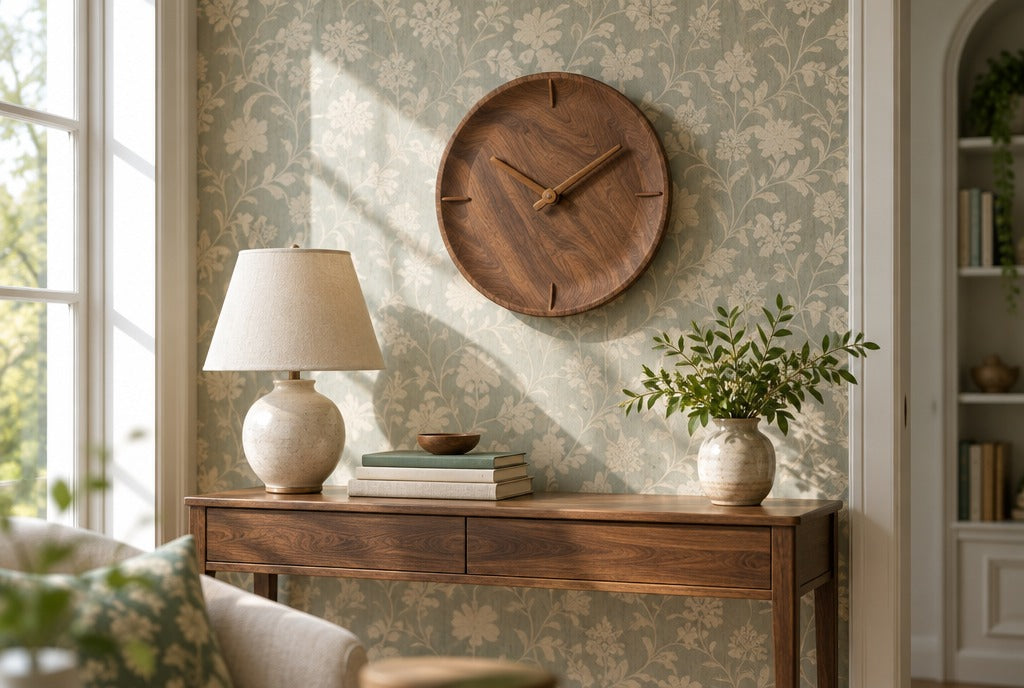 A sculpted solid wood wall clock hanging above a console table with a lamp and books in a sunny parlor with patterned wallpaper