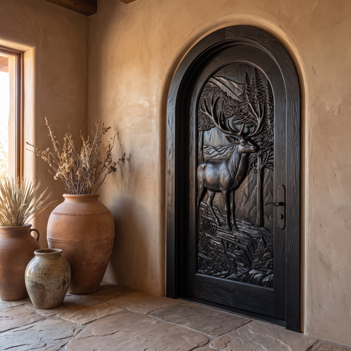 Highcrest Handcrafted Solid Wood Deer Landscape Arched Single Door