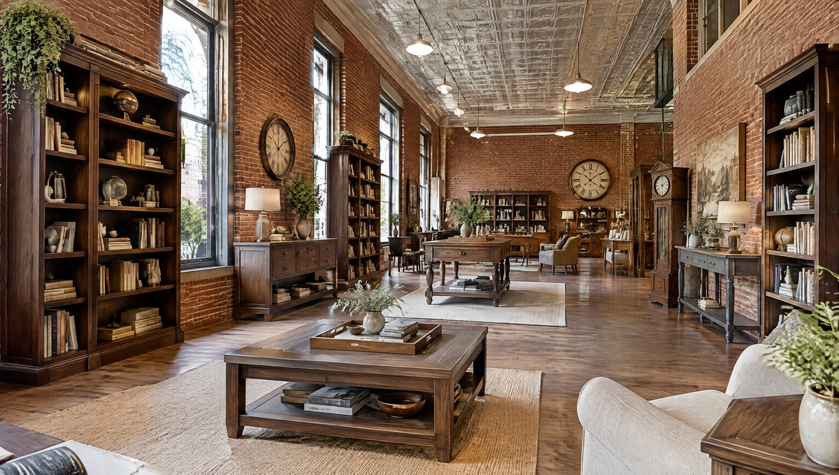 Inside a brick storefront with pressed-tin ceiling and newly built timeless-style solid wood furniture