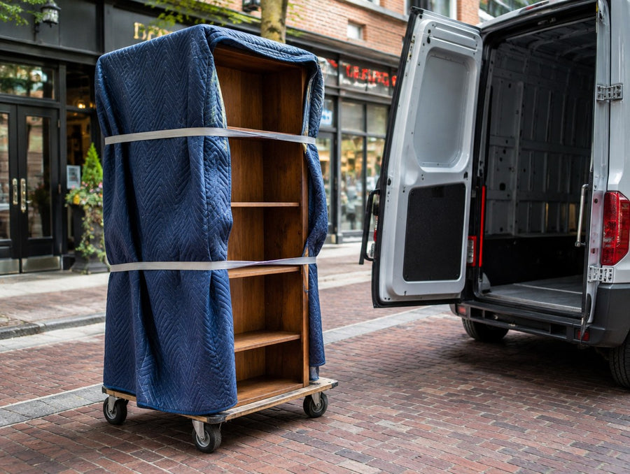 A blanket-wrapped solid wood bookshelf on a dolly beside a delivery van on a brick street